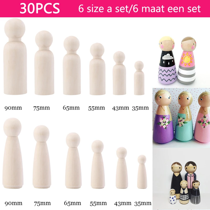 

30PCS Wooden Peg Dolls Family Home Decor Girl Boy Dolls Unfinished Wood Family Dolls DIY Paint 90mm,75mm,65mm,35mm 6 size set
