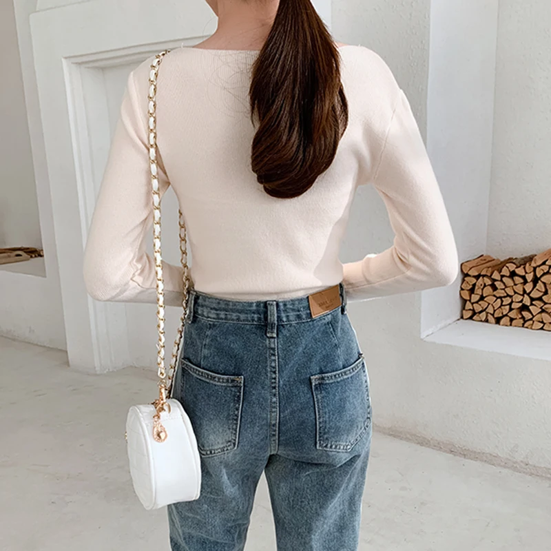 

Chic Casual Autumn Winter Basic U-neck Sweater pullovers Women 2021 Slim Knit Pullover female Long Sleeve Khaki Sweater