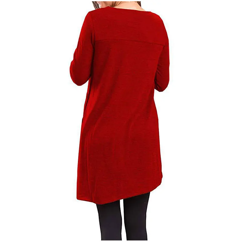 

Fashion Women Long Sleeve Dress Side Button Round Neck Irregular Hem Dress Ladies Casual Spring Boho Beach Red Loose Dresses