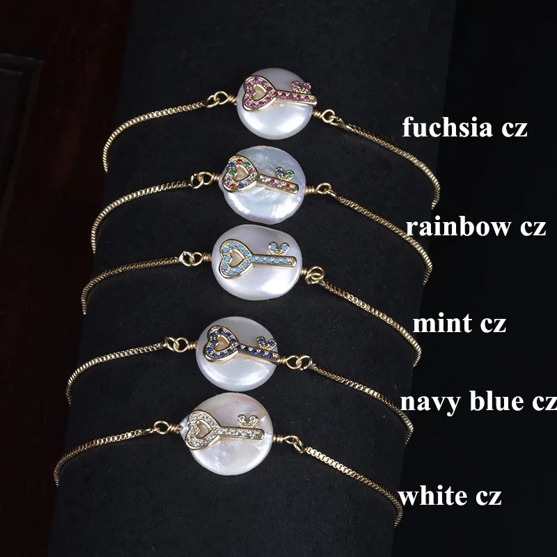 micro paved multi colors cz gold key charm freshwater pearl wire wrapped buckles connector bead for jewelry DIY making | Украшения и