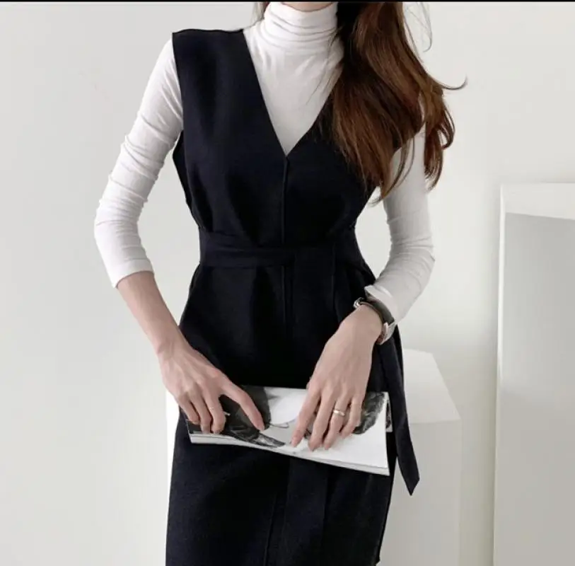 

Autumn Spring Women Dresses Sashes Solid Split Straight Knitting Warm Sweater Elegant Office Ladies 2020 Fashion Dress