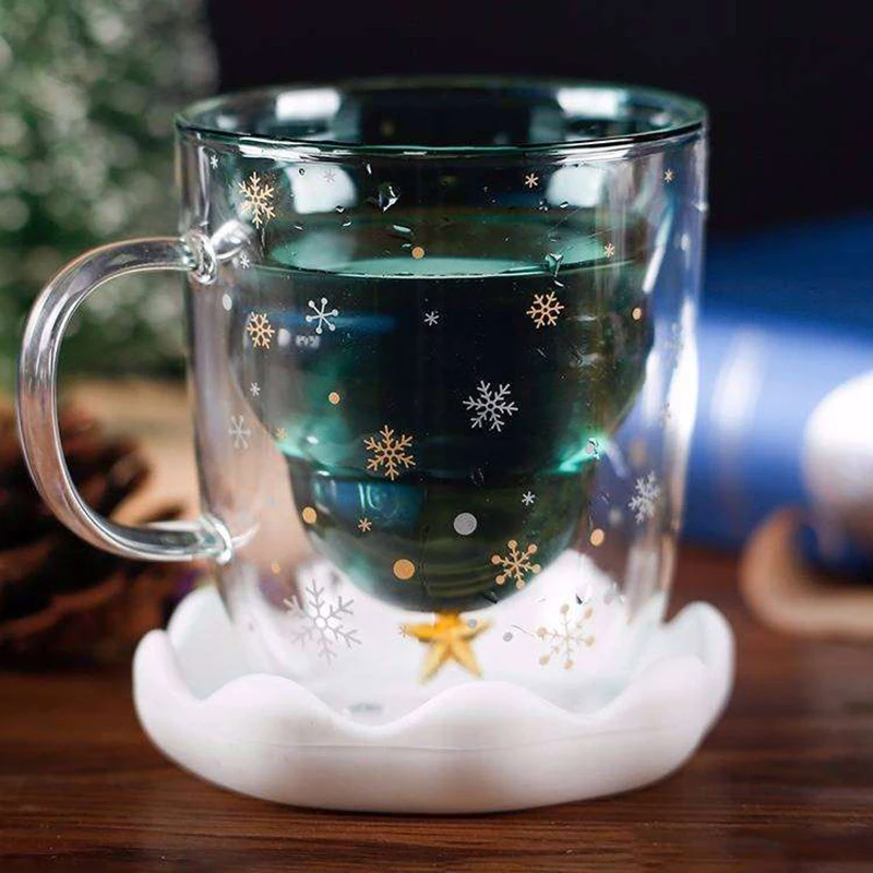 Рождественская чашка двухслойная антиожоговая стеклянная елка звездное небо
