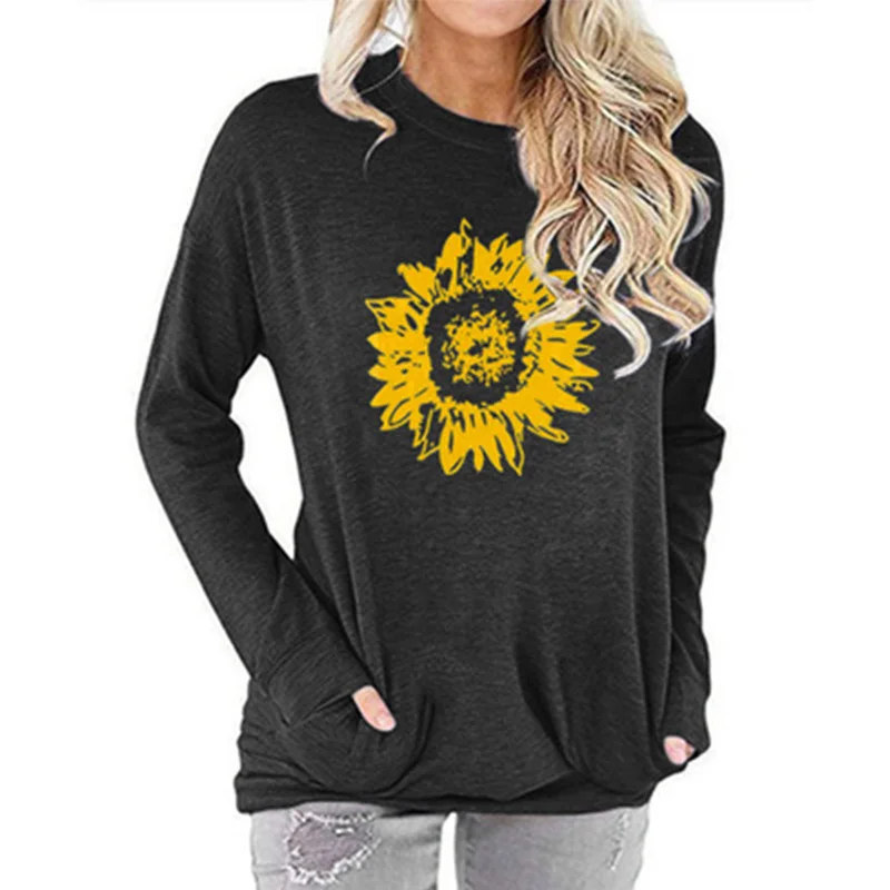 

2021 spring autumn hot sale casual sunflower print round neck bat long sleeve loose hedging women's T-shirt
