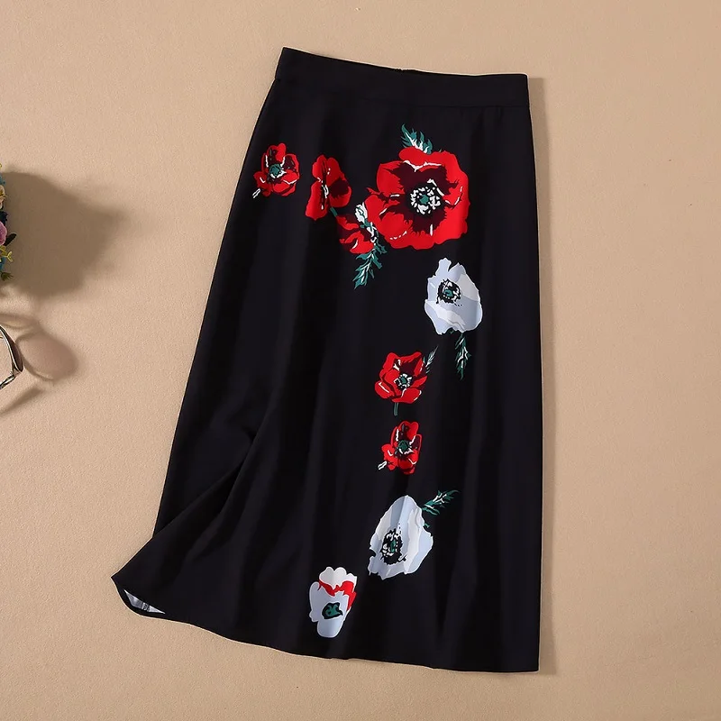 

Women's Top Quality Set 2021 Summer Work Ladies O-Neck Long Sleeve Silk Shirts+Color Block Flower Print Midi Pencil Skirt Sets