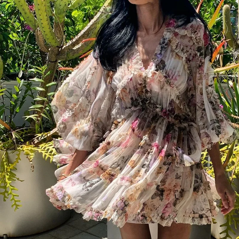 

Spring 2021 Floral Autumn Printed Sexy V-Neck Dress Women Elegant Ruffles Vintage Clothes Boho Beach Party Dresses Vestido Robe
