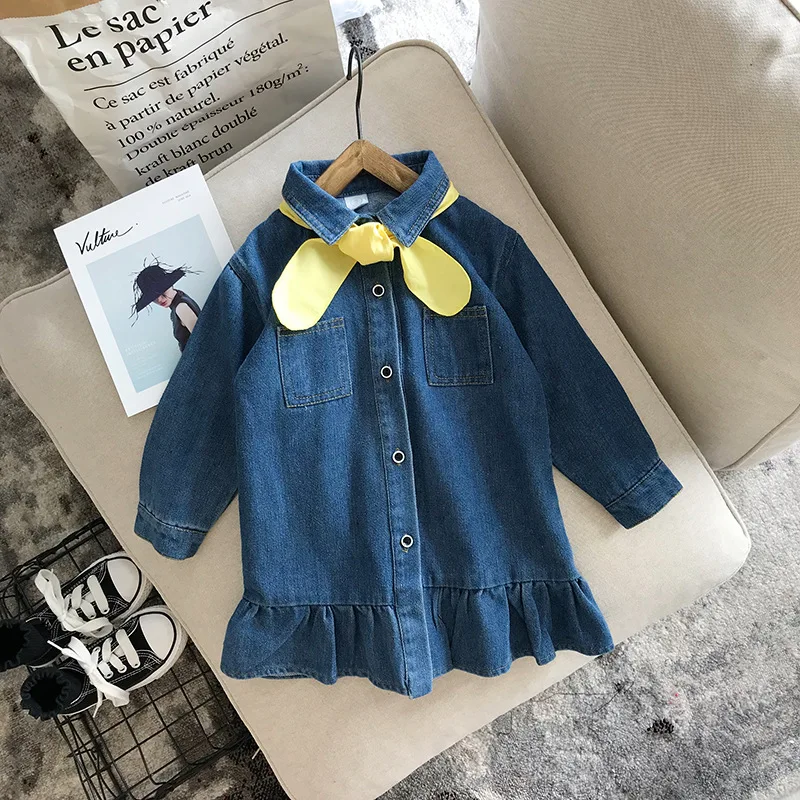 

Spring Autumn Girls Denim Dresses with Scarf Bow Cotton Trumpet / Mermaid Skirt Kids Clothes Party Dress for Kids Girl Birthday