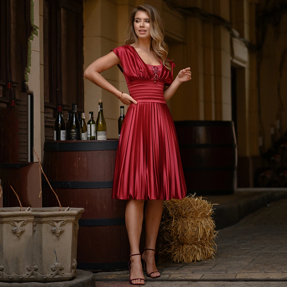 

Dark Red A Line Silk Satin Beading Prom Dress Scoop Neck Short Cap Sleeves Pleats Evening Gowns Vestido De Noche