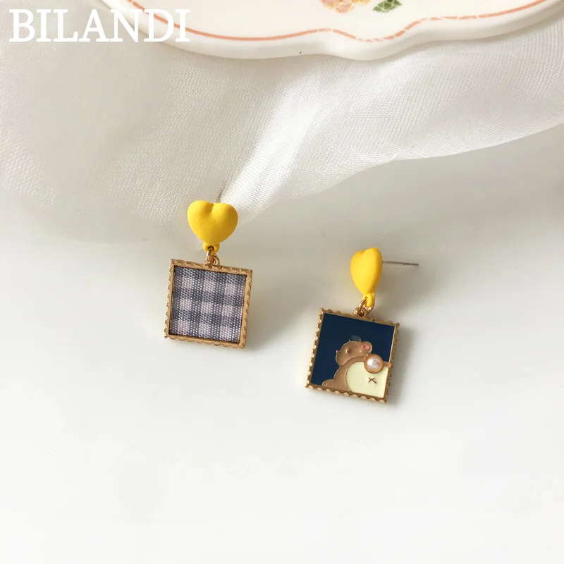 

Bilandi S925 needle Women Jewelry Yellow Heart Earrings Cute Design Square Asymmetrical Earrings For Girl Fine Accessories