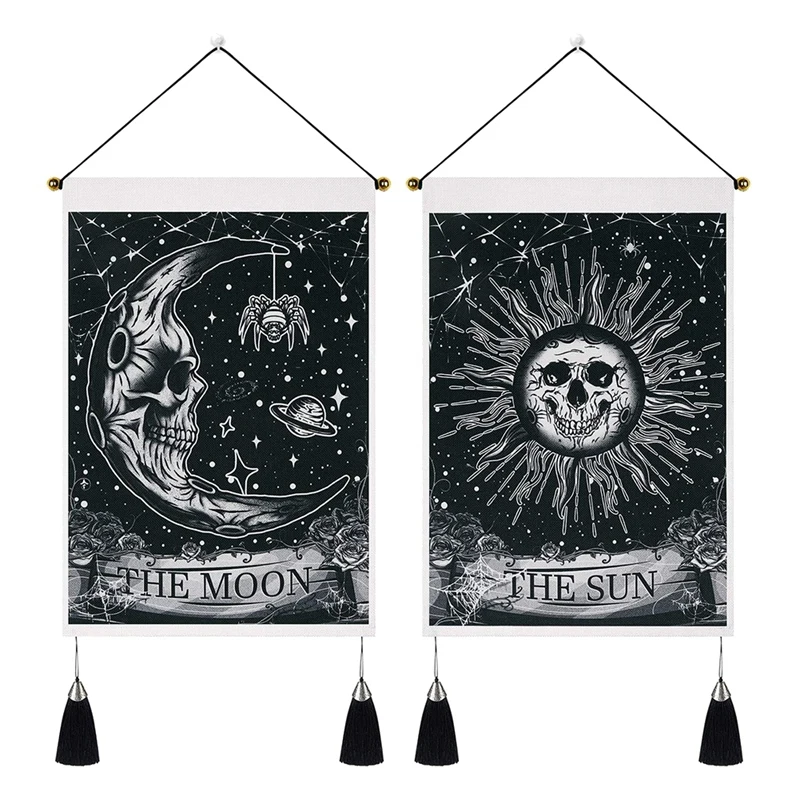 

Pack Of 2 Moon And Sun Tapestry Skull Floral Tapestry Psychedelic Stars Black Tapestry Wall Hanging(13.8 X 19.7 Inch)