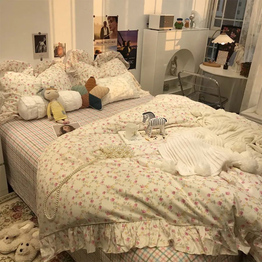 

Elegant romantic floral bedding set, pink flower cotton ruffled twin full queen home textile bed sheet pillow case duvet cover