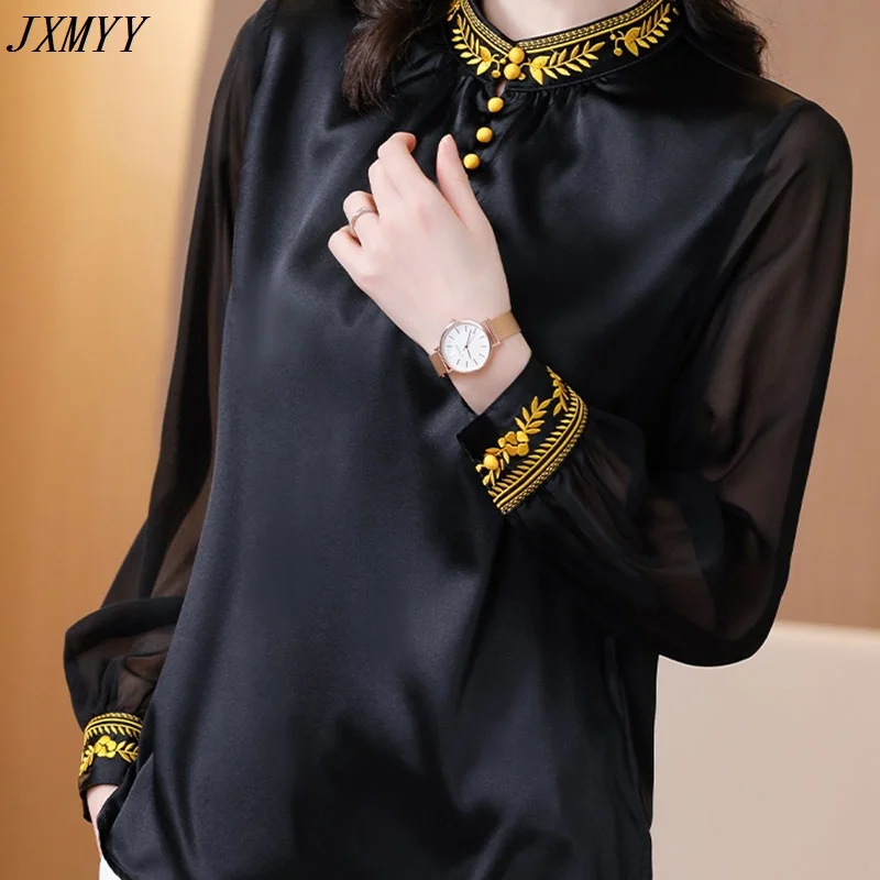 JXMYYY Satin silk shirt women's long-sleeved spring 2021 new retro stand-up collar embroidery blouse black