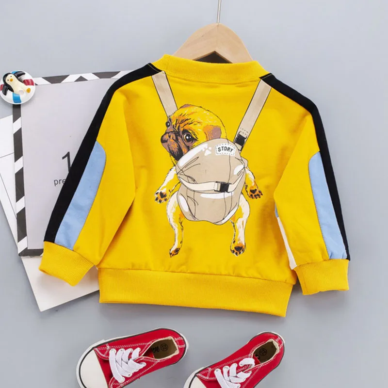 

Color Blocking Children Clothing Spring New Girl Puppy Print Outer Round Neck Long Sleeve Jacket For Boys Toddler Kids Sweater