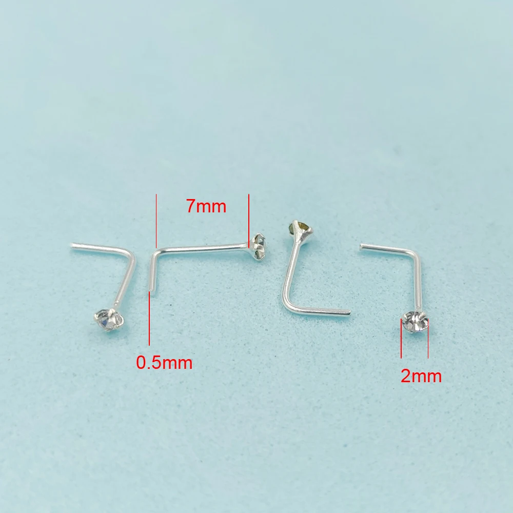Серьга для пирсинга носа 2 мм прозрачная серебряная L-образная ювелирное изделие