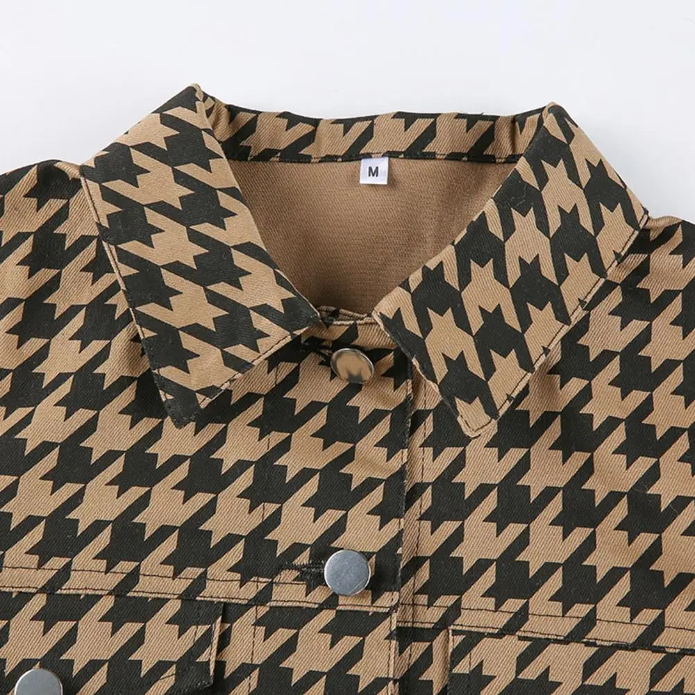 

Women Houndstooth Cropped Jacket Pocket Button Turn Down Collar Long Sleeve Coat