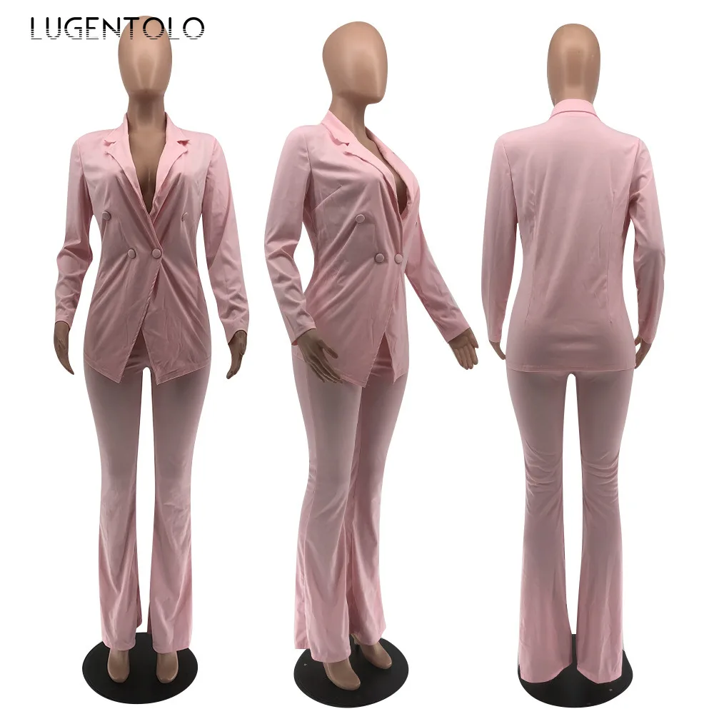 

Lugenotolo Women's Set Two-piece Autumn Casual Long Sleeve Lapel Two Buttons Top Elegant Long Straight Pants Women Sets