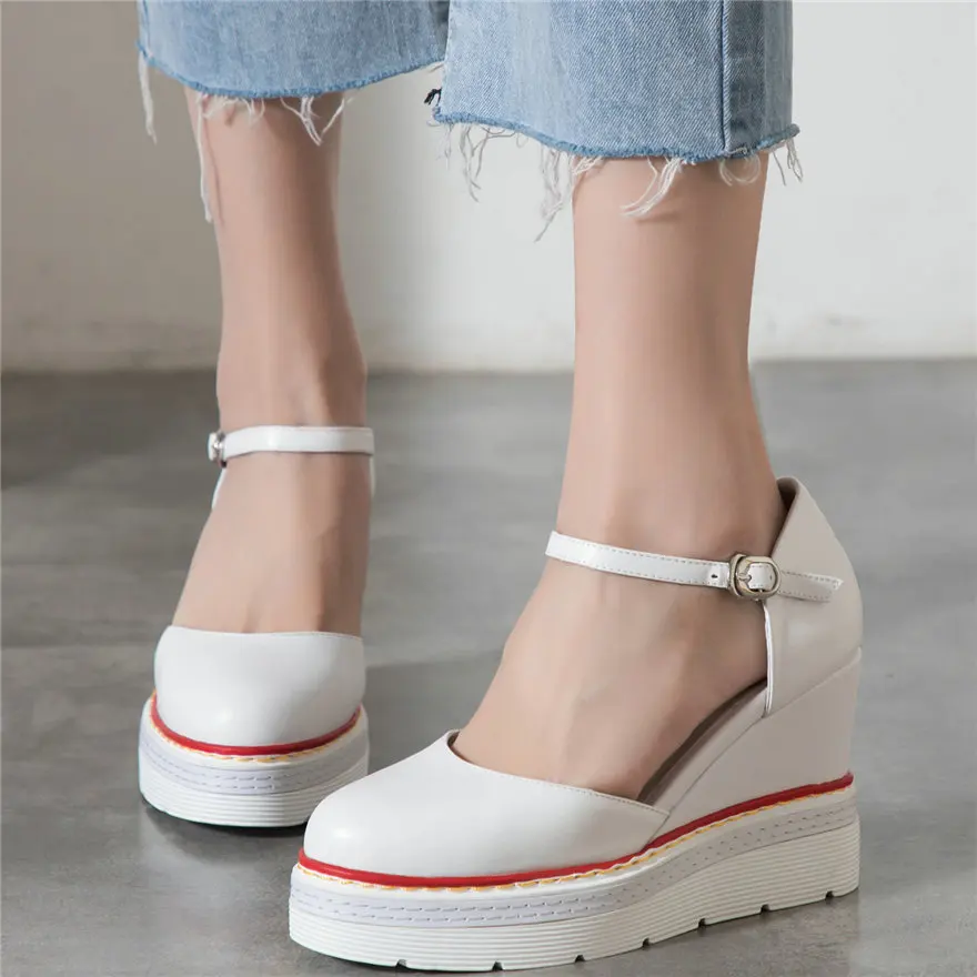 Женские туфли на танкетке летние Туфли Мэри Джейн из натуральной кожи с ремешком