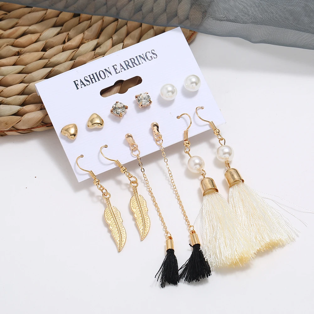 6 Pairs/Lot Imitation Pearl Heart Big Circle Tassel Drop Earrings Set For Women Leaf Flower Elephant Earring Ear Jewelry | Украшения и