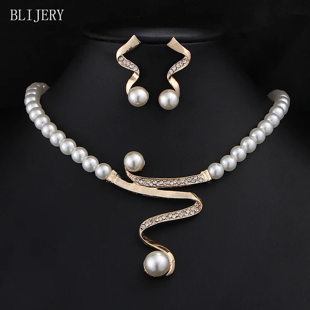 BLIJERY Vintage Gold Color Simulated Pearl Bridal Jewelry Sets For Women Crystal Wedding Necklace Earrings African Jewelry Set 1