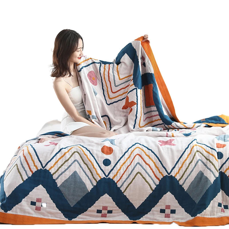 

100% Cotton Bohemia Wave Printed Summer Blanket Gauze Bed Sofa Cover Chic Tassel Multifunction Travel Breathable Throw Blanket
