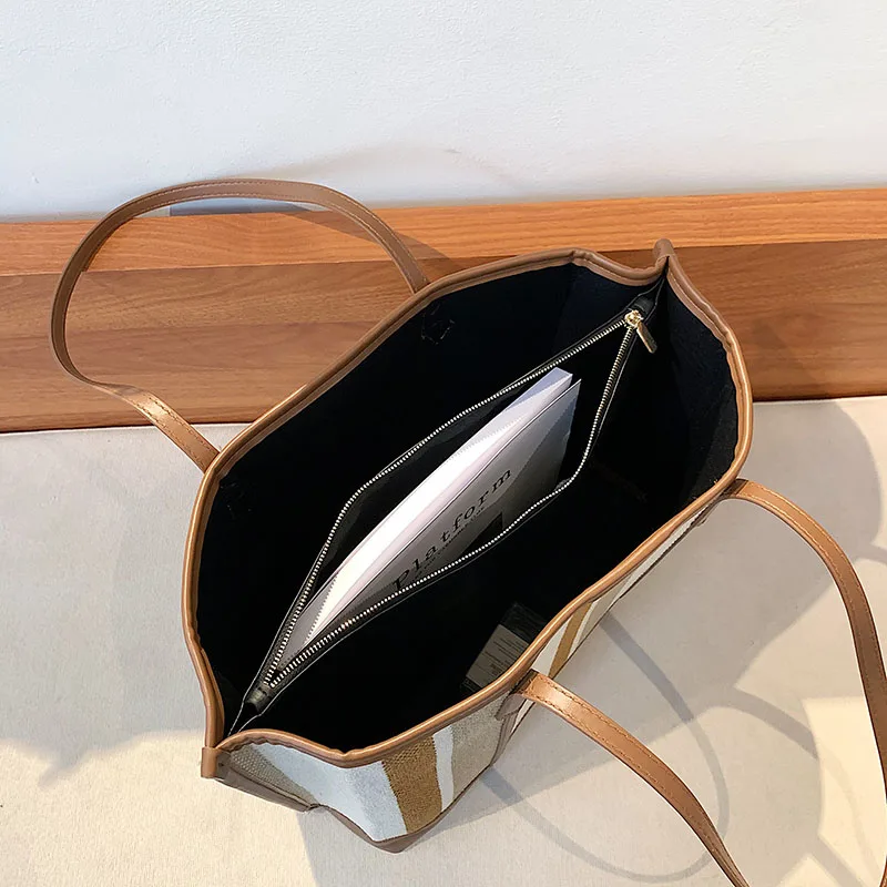 

Large capacity Stripe Tote Bag For Woman Canvas Shoulder Bags 2021New Retro Female Handbag Fashion Brand Designer Shopping Bag