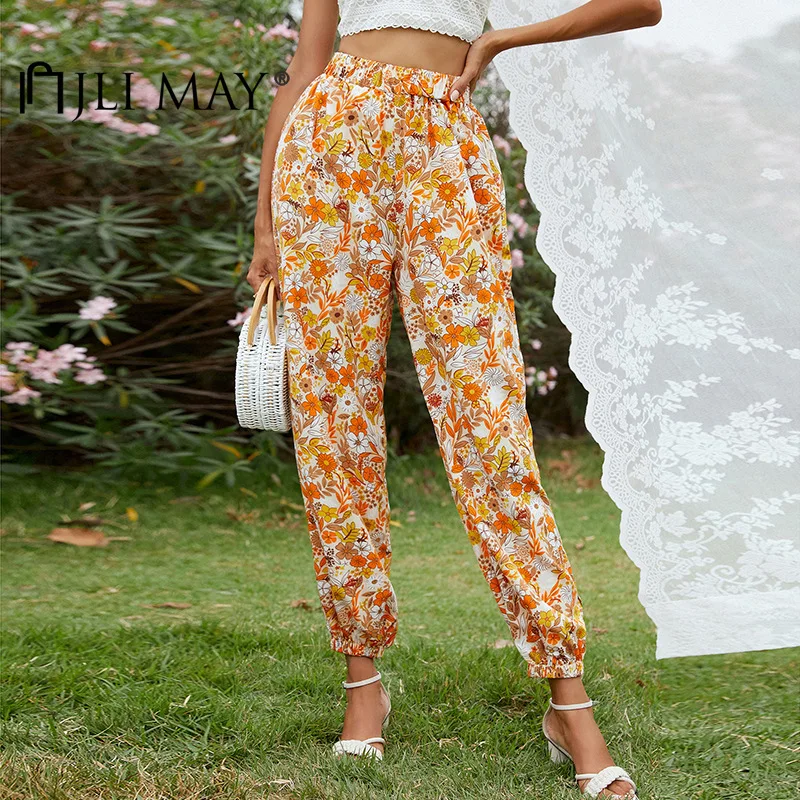 

JLI MAY Summer Floral Sweatpants Women Ankle-Length Pants High Waist Loose Fashion Joggers Korean Style Streetwear