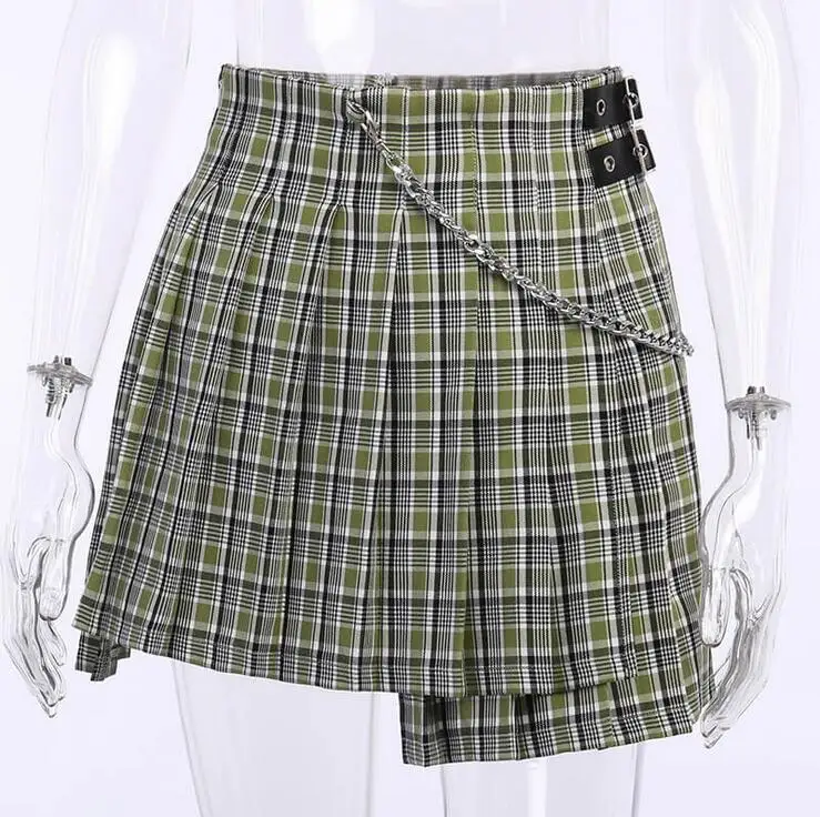 

MAGOGO New High Waist Plaid Pleated Skirt College Style Skirt Tooling Waist Chain A-Line Green Grid Skirt