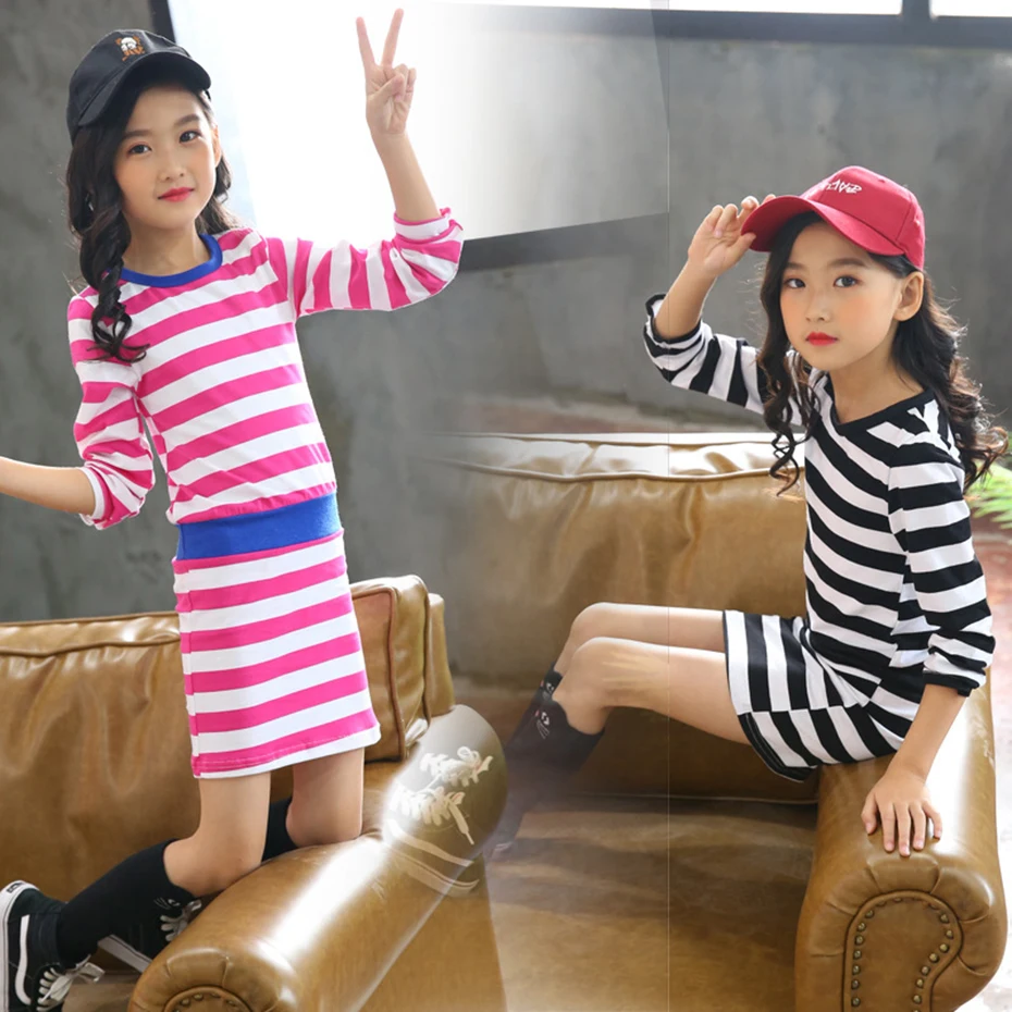 Платья для девочек обтягивающие платья в полоску Модное детское платье с