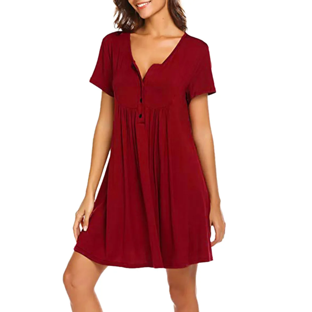 

Women's Nursing Soft Daily Maternity Nightshirts Breastfeeding Clothes Short Sleeve Dress Solid V-Neck Knee-Length Dress