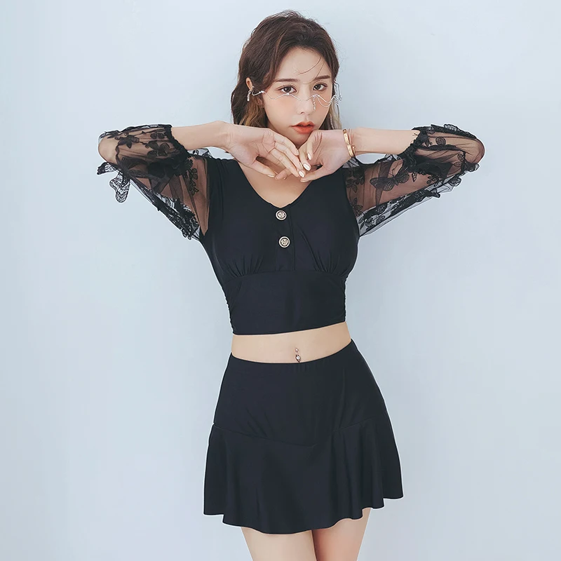 

Women Lace Long Sleeve Swimsuit Push Up Padded Swimwear Sexy Bandage Bikini Set High Waist Bathsuit Summer Beach Biquinis