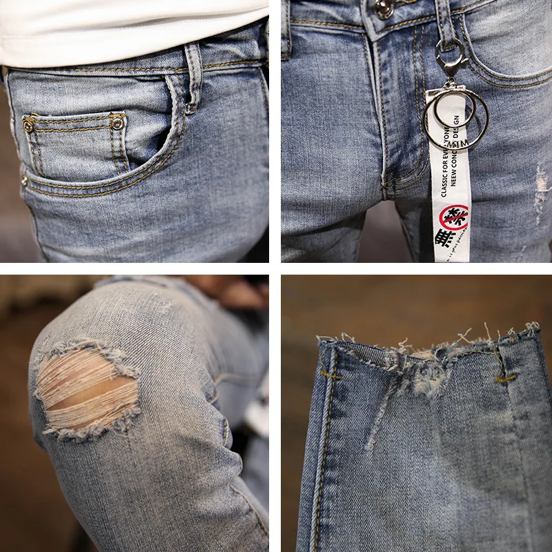 

HOT 2021 Summer autumn thin elastic ripped hole skinny jeans men young students cowboy ankle length pants hombre casual trousers