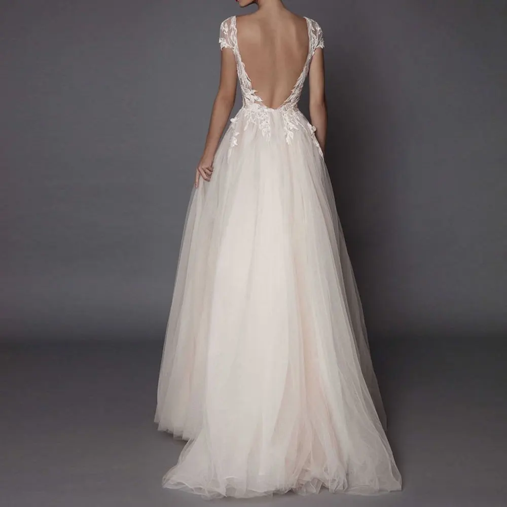 

Net/Tulle Applique Party Dresses Short sleeve A-line Sweep/Brush Evening Dresses Floor length Front/Side Slit Party Gowns 2021
