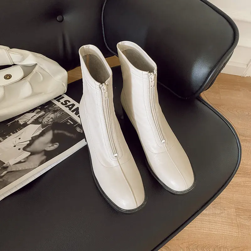 

2020 New Brand Women Ankle Boots Woman Thick Heeled Zipper Genuine Leather Motorcycle Boots Women Autumn Winter Boots
