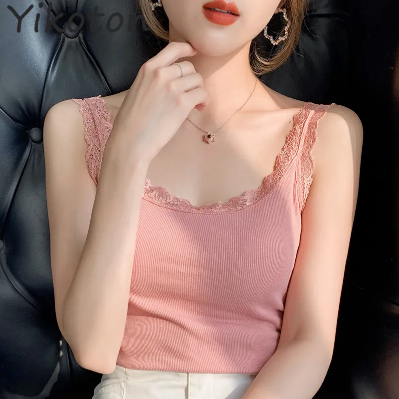 

Женская Кружевная футболка без рукавов, однотонная белая Повседневная облегающая футболка, базовая Женская одежда, лето 2022