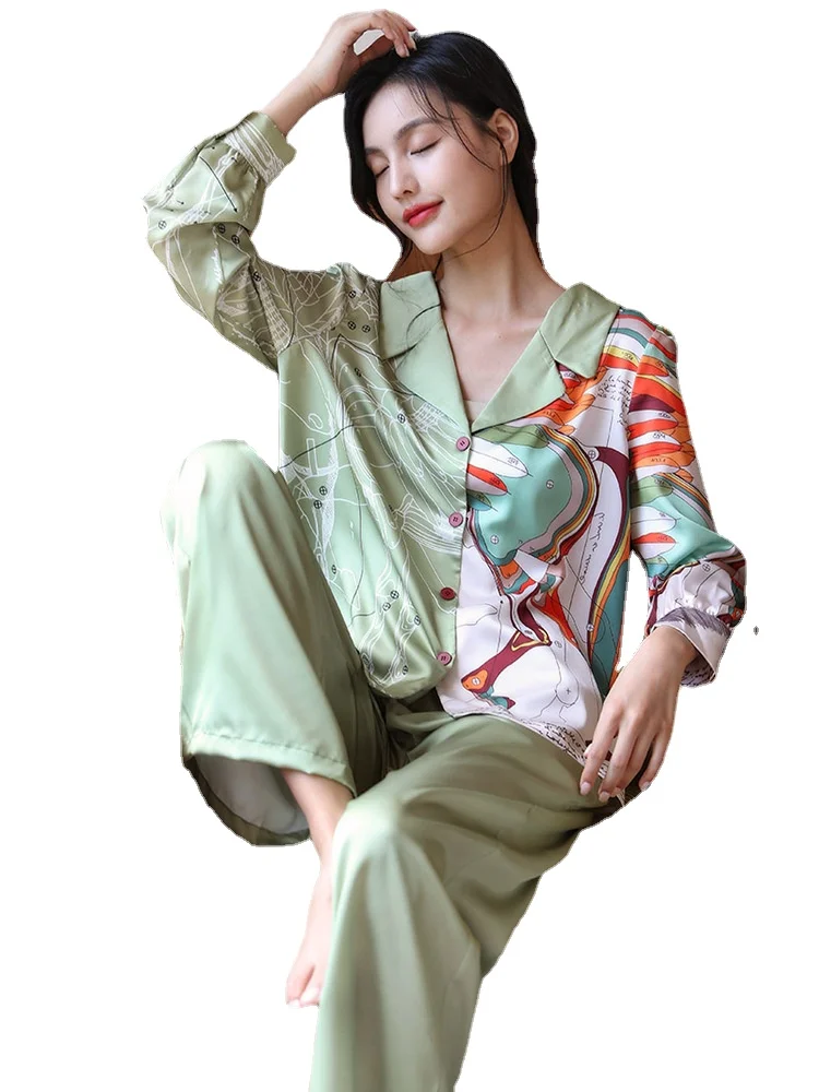 Pajamas Women's Spring and Autumn New Long Sleeved Ice Silk Two-piece Set of Silk Home Clothes