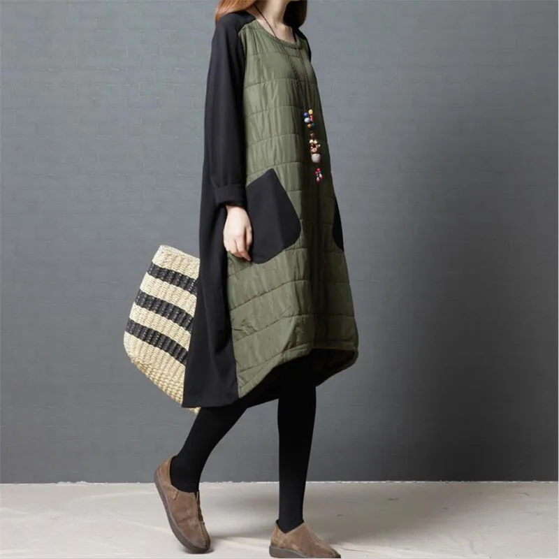

Women Long Cotton Coat O-Neck Ladies Elegant Patchwork Vestidos Female Clothes - Thicken Warm Loose 2022 Winter