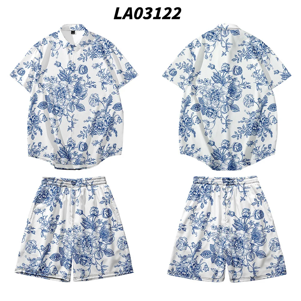 

Мужской комплект из 2 предметов, гавайская белая рубашка с коротким рукавом и цветочным принтом на пуговицах, пляжные шорты, уличная одежда, ...