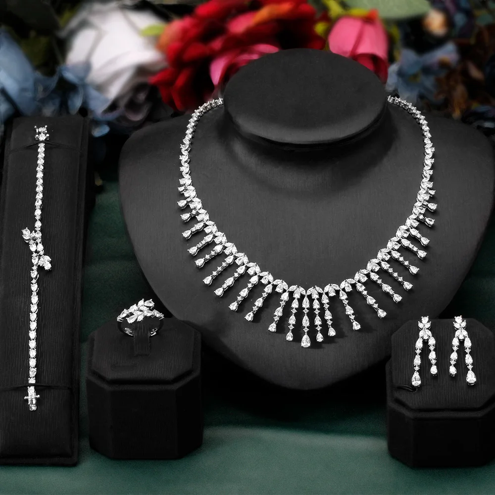 4 шт. полный ювелирный набор классическое индийское свадебное ожерелье серьги браслеты из циркония для Дубая женские свадебные платья на де...