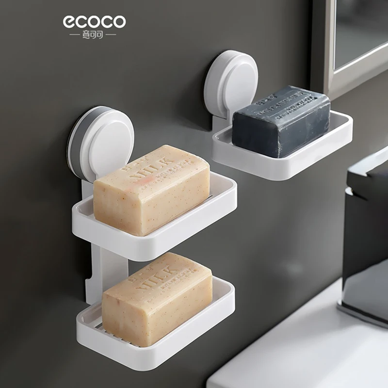

ECOCO Wall Mounted Double Layer Soap Dish Punch-Free Drawer Draining Holder Kitchen Sponge Storage Box Bathroom Organizer Rack
