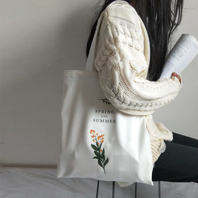 

Women's Casual Canvas Shoulder Bag Flowers Printing Shopping Bag Cotton Cloth Lady Handbag Eco Reusable Large Tote Shopper Bags