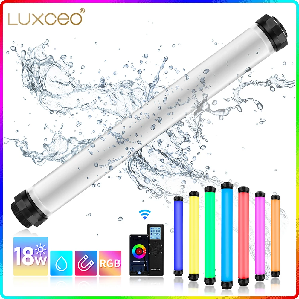 

LUXCEO P8 Waterproof RGB LED Video Light Remote & App Control Built in Battery 18W IP68 CRI 95+ 2500K-6500K Fill Lightling