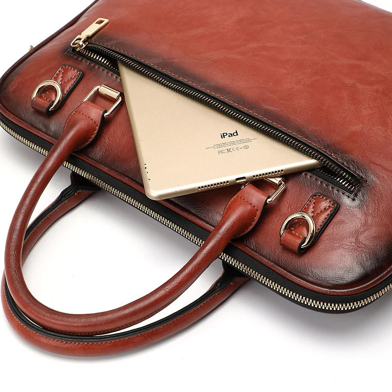 OYIXINGER Women's Leather Briefcase High Quality Embossed Female Shoulder Bag Retro Laptop Briefcase For 14 Inch Macbook Hp Dell