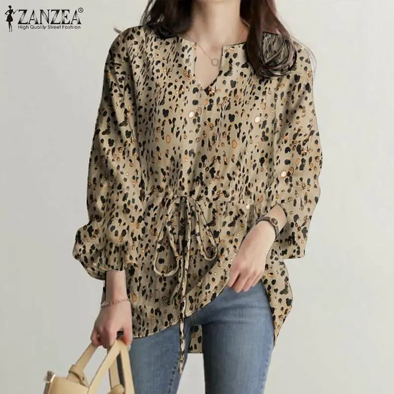ZANZEA Herbst V-ausschnitt Bluse Frauen Elegante Lange Ärmel Shirt Casual Leopard Büro Arbeit Chemise Urlaub Partei Tunika Tops