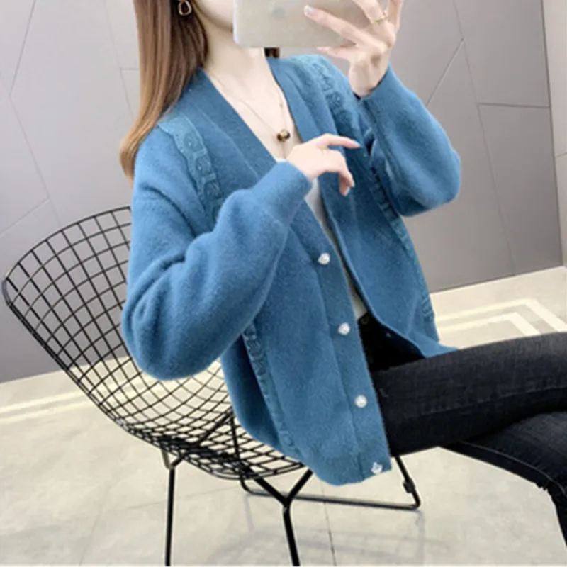 

Autumn Winter Imitation Mink Cashmere Coat Women Loose Oversize Short Knit Cardigan Double Breasted Lace Plush Knit Outerwear