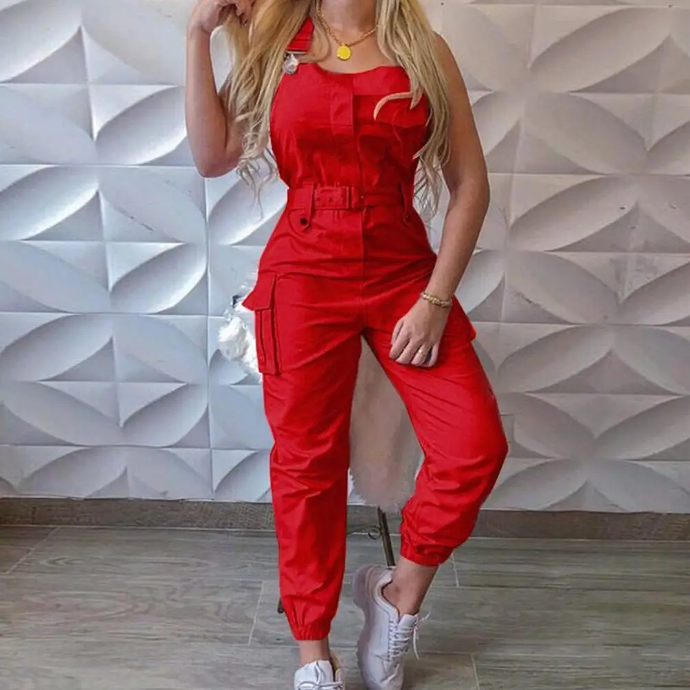 

Women Jumpsuit High Waist Solid Color Cargo Ankle Tied Shoulder Strap Sleeveless Pockets Casual Romper Fashion Slim Streetwear
