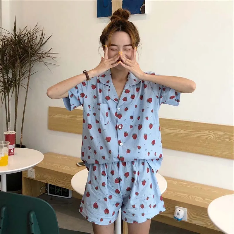 Women's Pajamas Summer New Korean Loose Thin Shorts  Lovely Female Sleepwear Sweet Leisure Home Suit Nightgown Cotton Nightwear