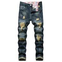 2022 men dark blue ripped jeans denim destroyed cotton casual hole ruined trousers for male fashion long plus size