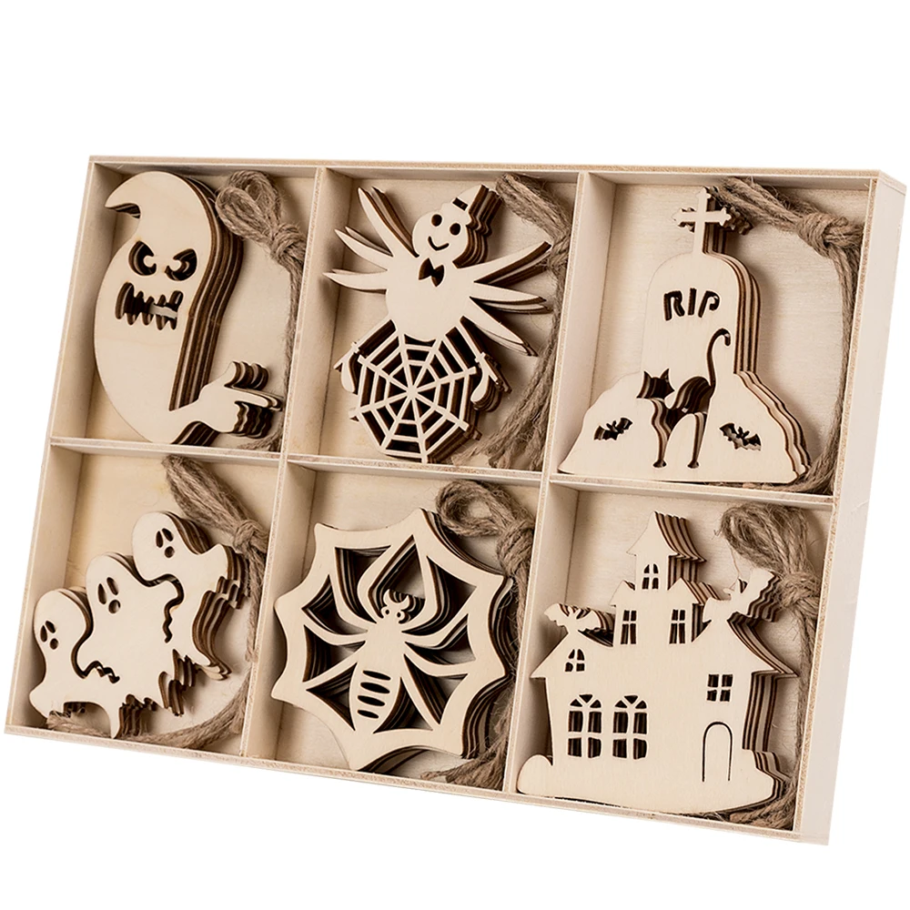 

Free Shipping Creative Halloween Wood Chip with Holes 10 pcs Crafts Party Home Decoration Halloween Cutouts Ornaments To Paint