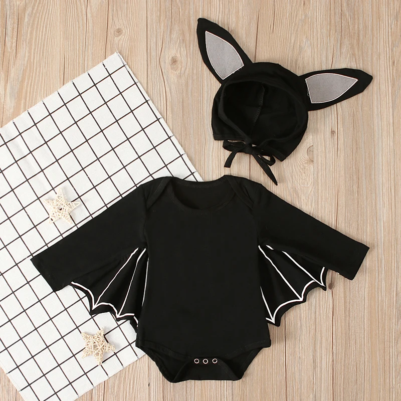 Halloween Newborn Baby Clothing Toddler Baby Boy Girls Halloween Bat Cosplay Costume Long Sleeve Romper Hat Outfits Set