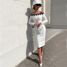 YiMinpwp – robe de bal fourreau noire et blanche, épaules dénudées, manches longues, longueur aux genoux, tenue de fête de mariage  (4)