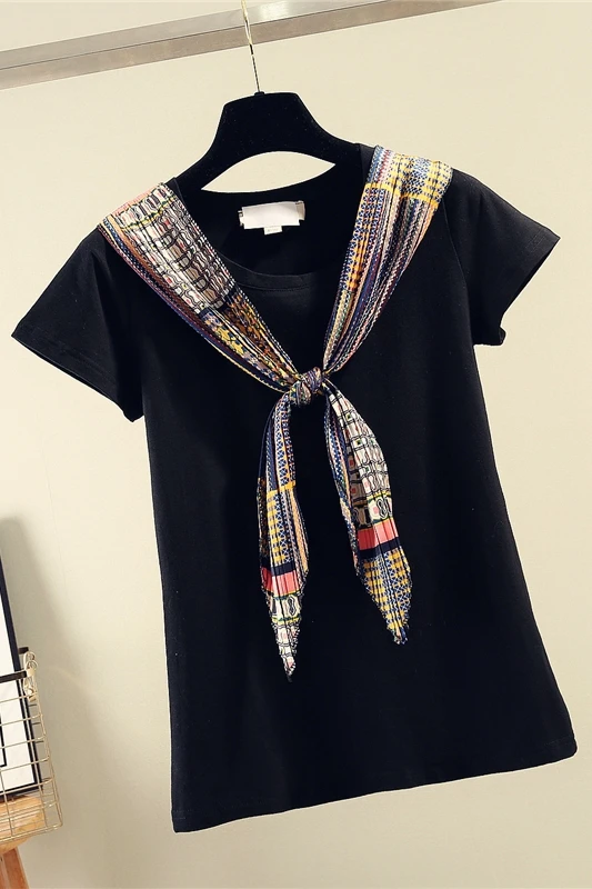 

Silk Scarves Stitching Lace-up Cotton Short Sleeve T-shirt Tshirt Women 2020 Spring Summer New Loose T-shirts Female Tee Tops